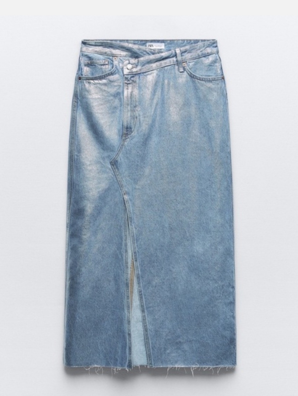 ZARA The Crossed Waist Merapllic Denim Midi Skirt
